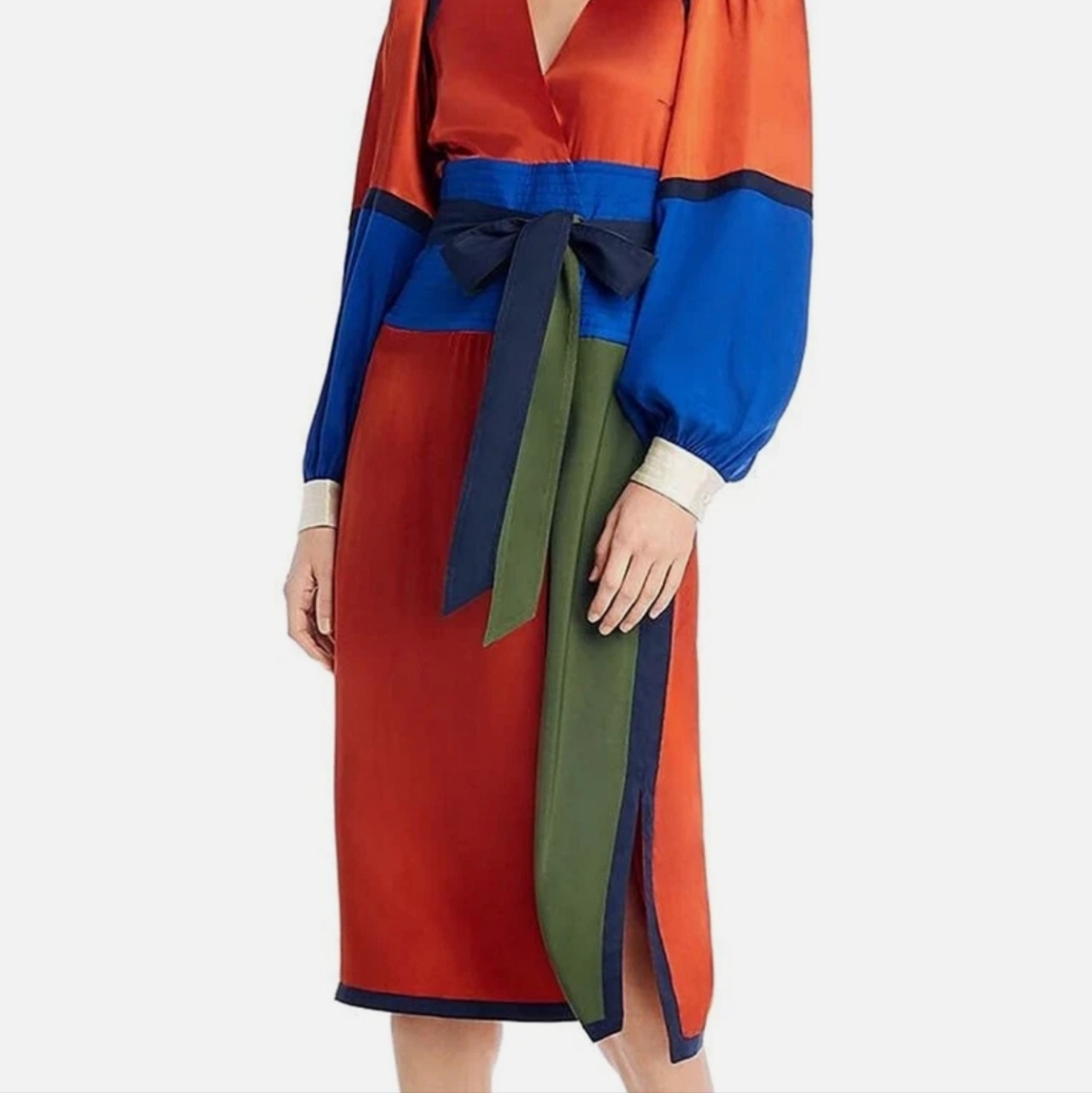 Tory Burch Kola Colorblock Silk Blend Satin Crepe Wrap Dress Size 8 - Picture 2 of 11